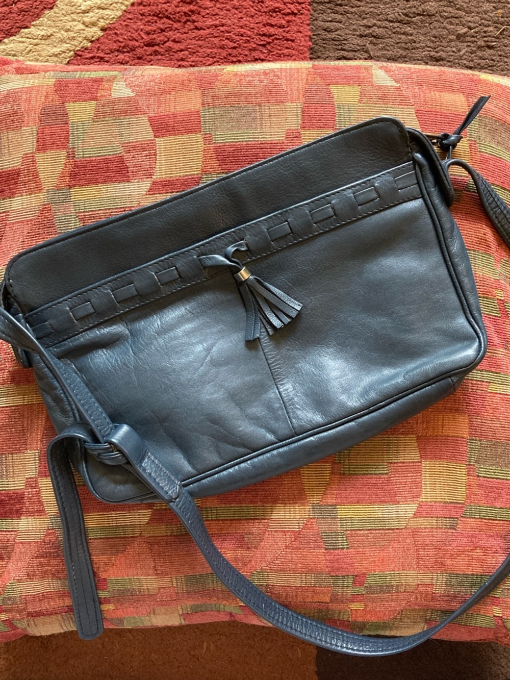 Vintage Minimalist Navy Leather Crossbody Bag with Tassel Accent